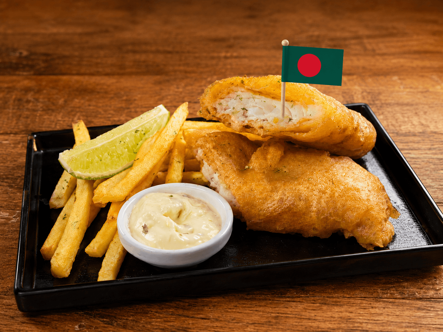 Bengali fish and chips with tartar sauce