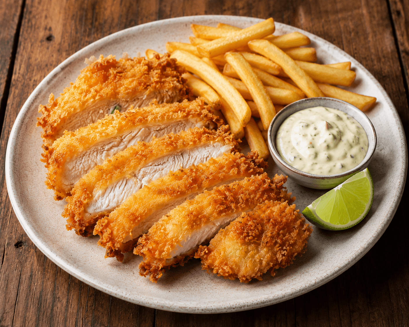Sliced chicken katsu with fries and tartar sauce
