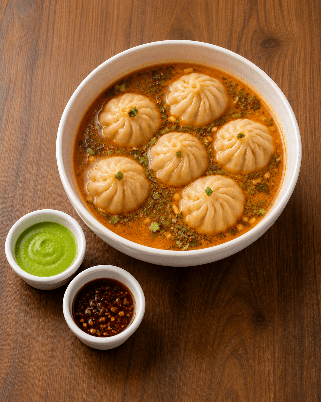 Chicken momo served in chili soup