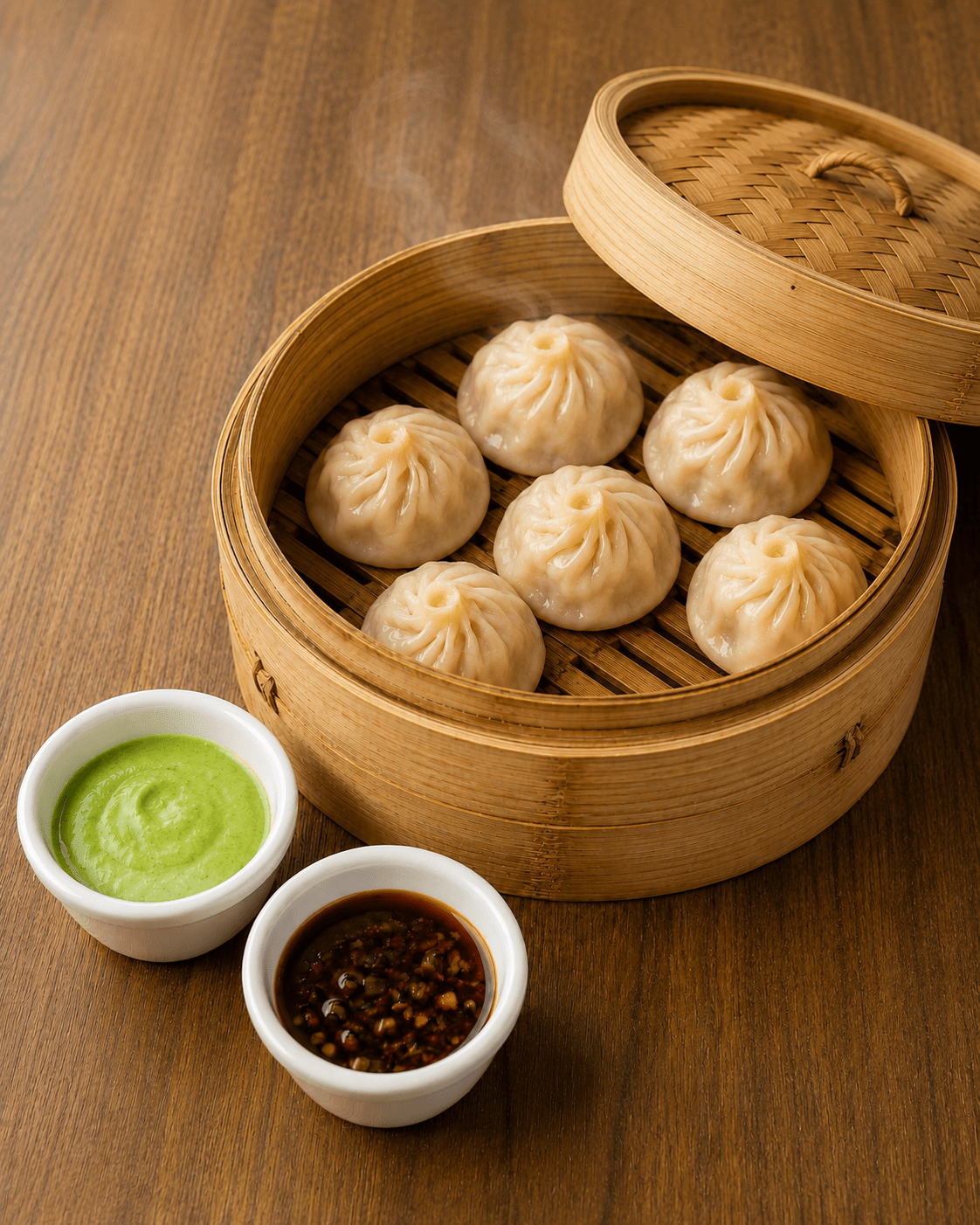 Round chicken momo in a bamboo steamer