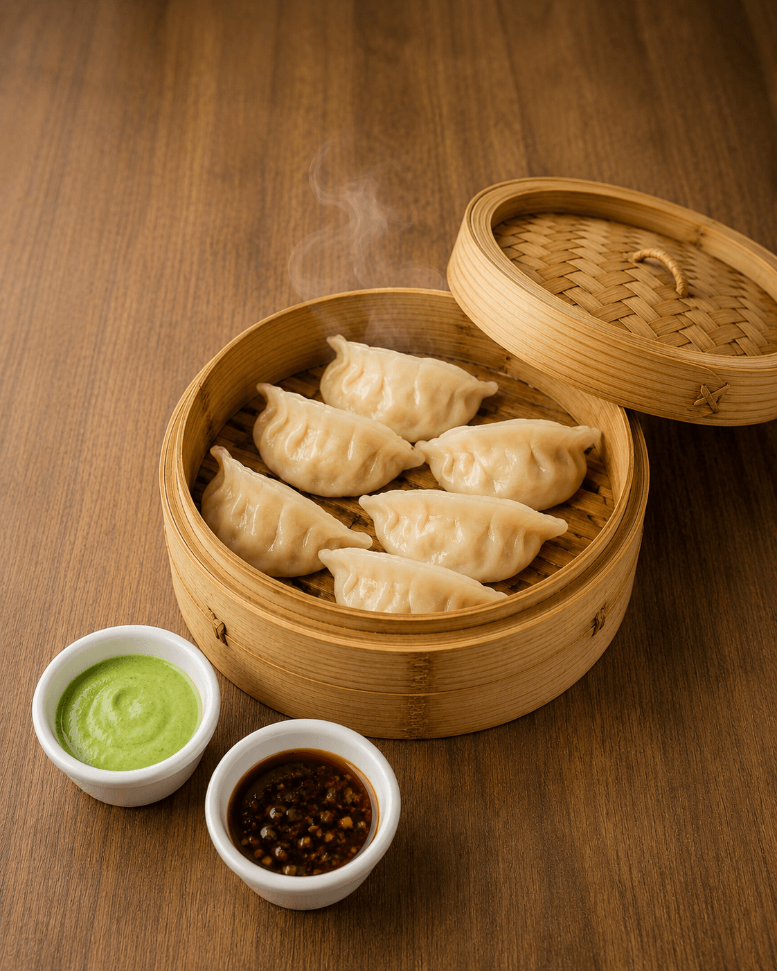 Crescent-shaped momo in a bamboo steamer