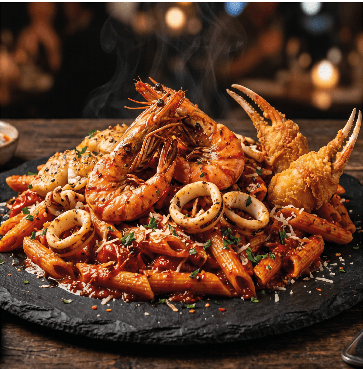Seafood chilli pasta with crab, prawn and calamari