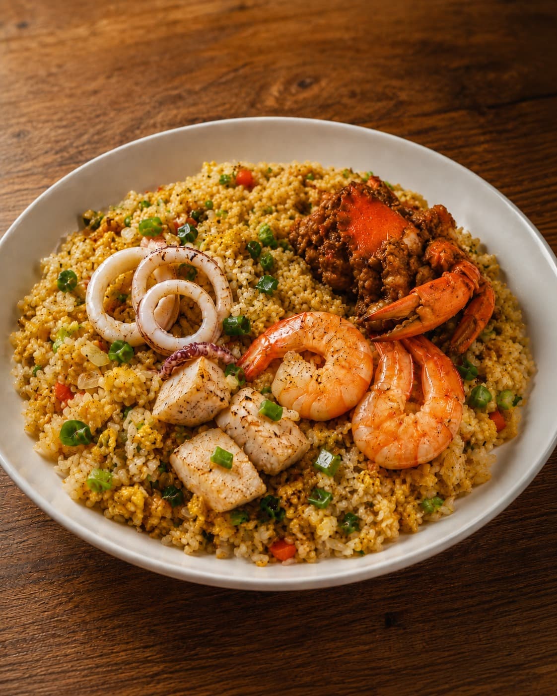Seafood rice bowl with crab, prawn, squid and dory