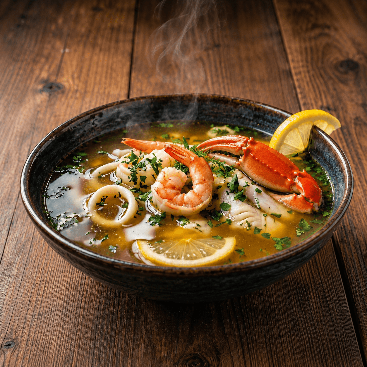Clear seafood soup with prawn, crab and calamari