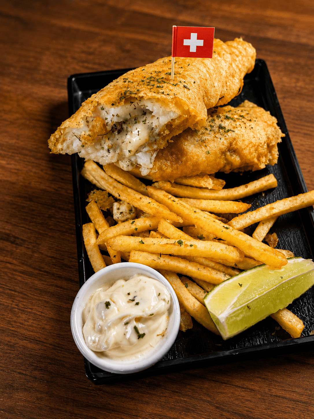 Swiss fish and chips with tartar sauce